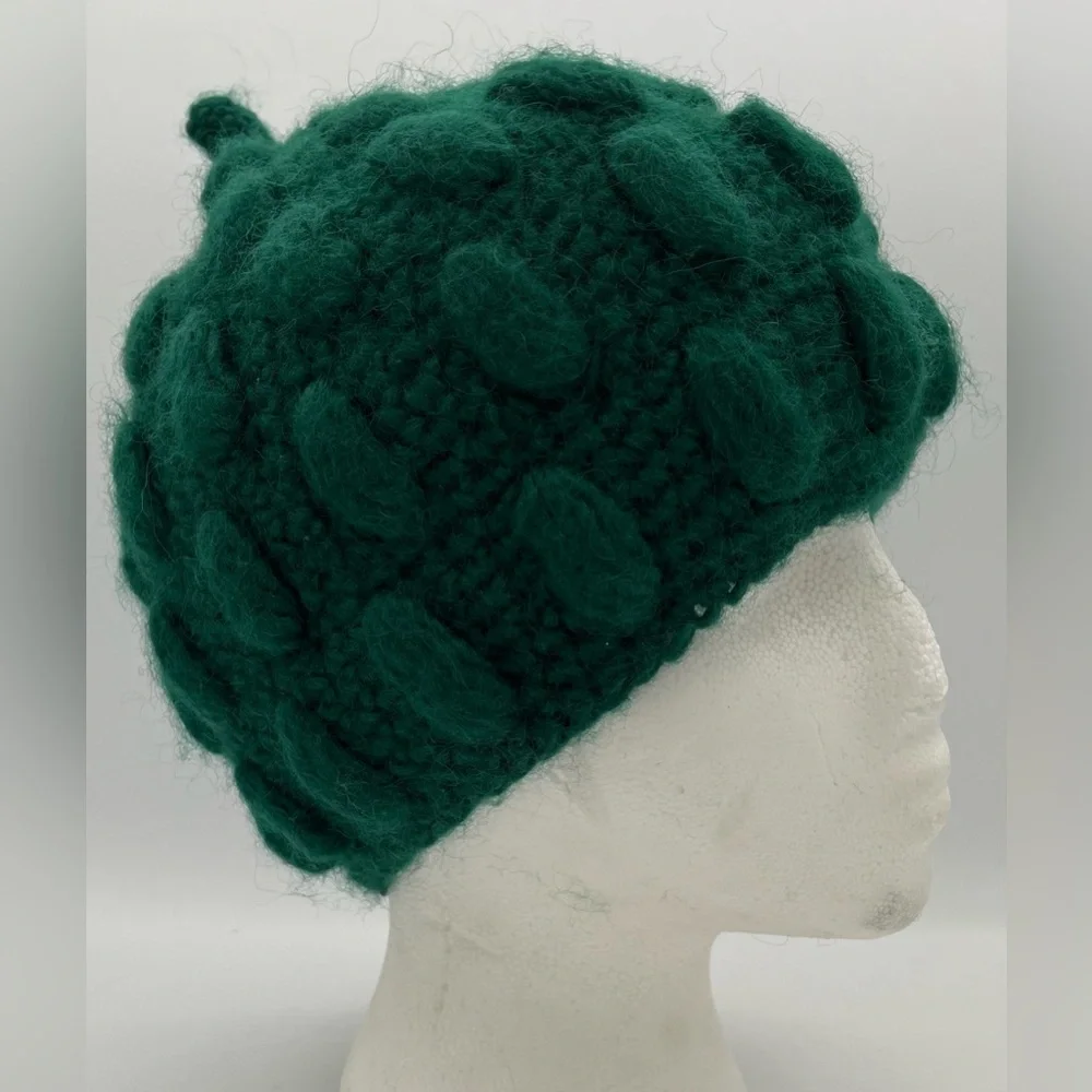 Vintage Italian Wool Green Chunky Knit Winter Fall Beanie Hat Cottagecore Knobby - Picture 10 of 15